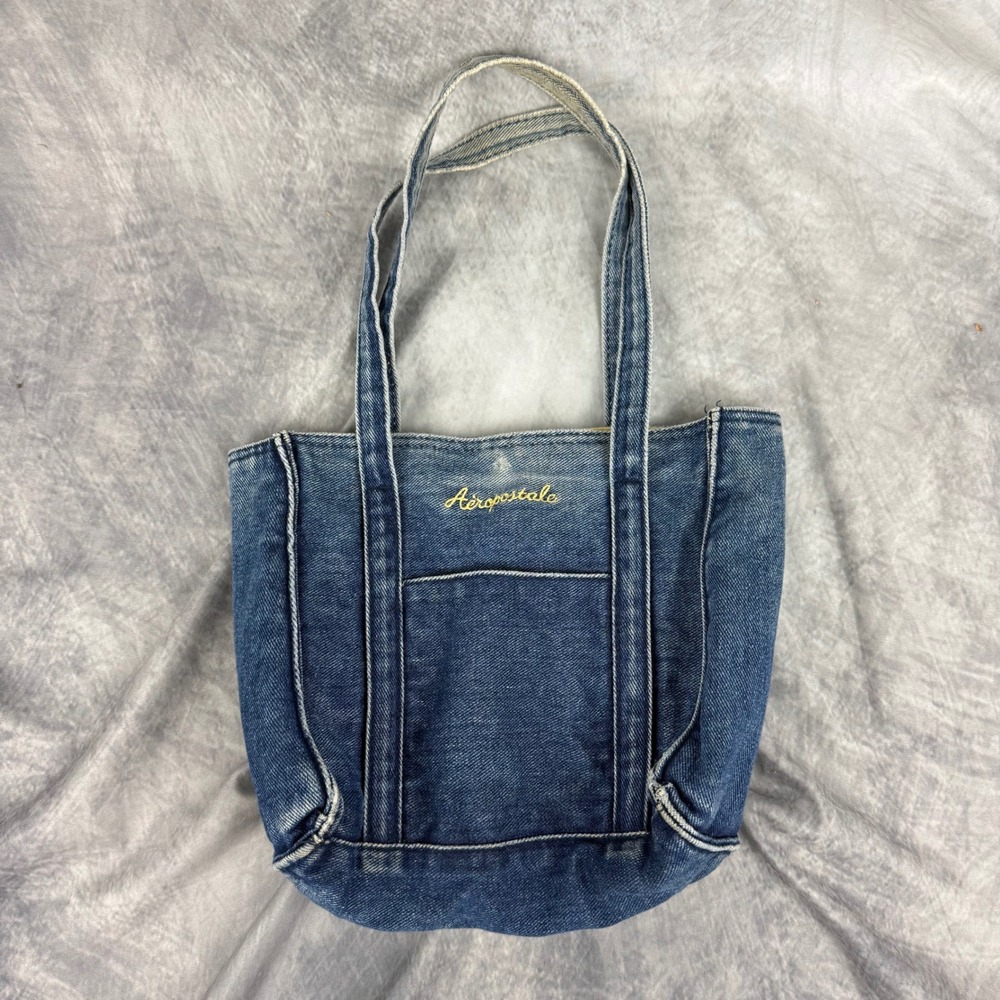 Aeropostale Small Denim Tote Bag Blue Jean Yellow Lining Y2K Mini Bag